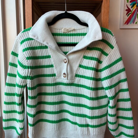 LA Maille Sezane Kyam White and Green Striped Jumper with Buttons - Picture 5 of 9